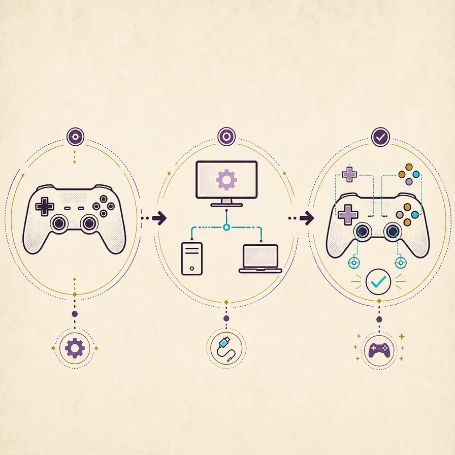 Conceptual three-stage diagram for checking a controller, the operating system, and game input