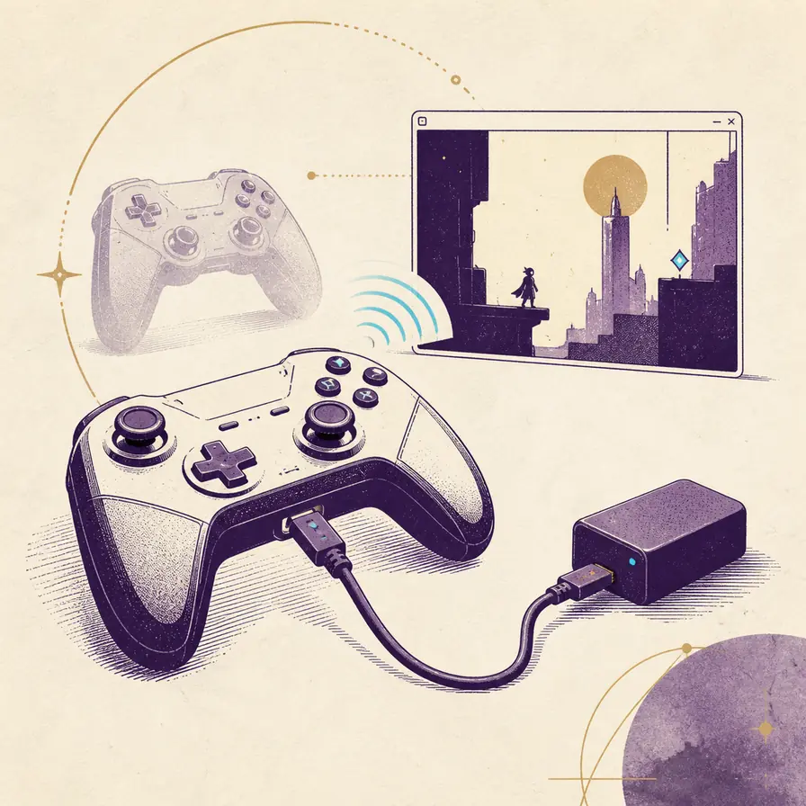 Conceptual illustration of a game controller connected to a desktop game