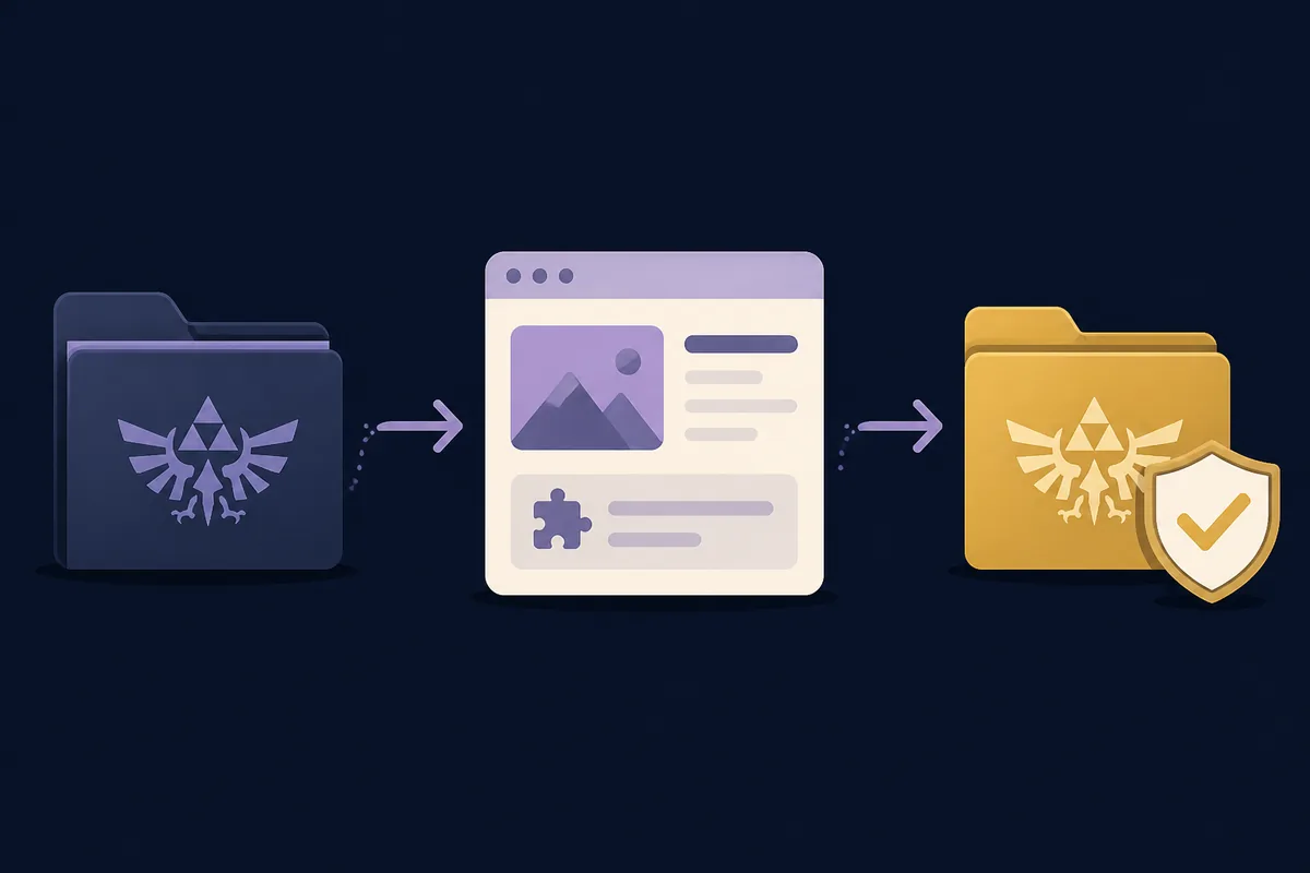 Editorial illustration showing an official Dusklight folder, a community mod source, and backed-up user data