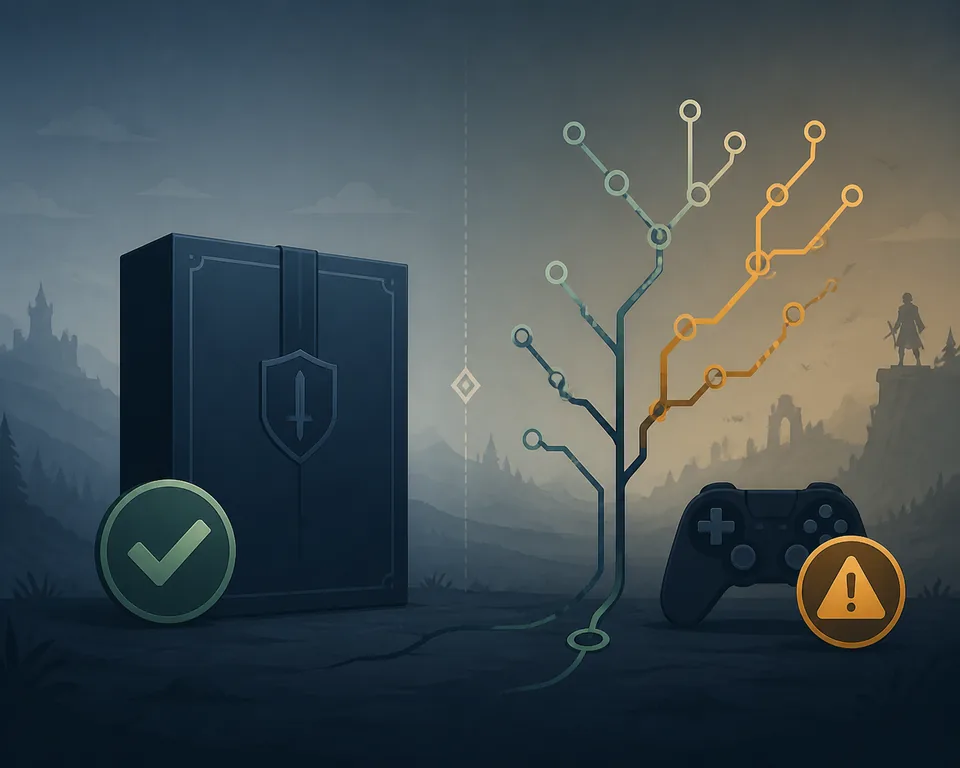 Editorial illustration comparing a verified stable release with an experimental randomizer branch