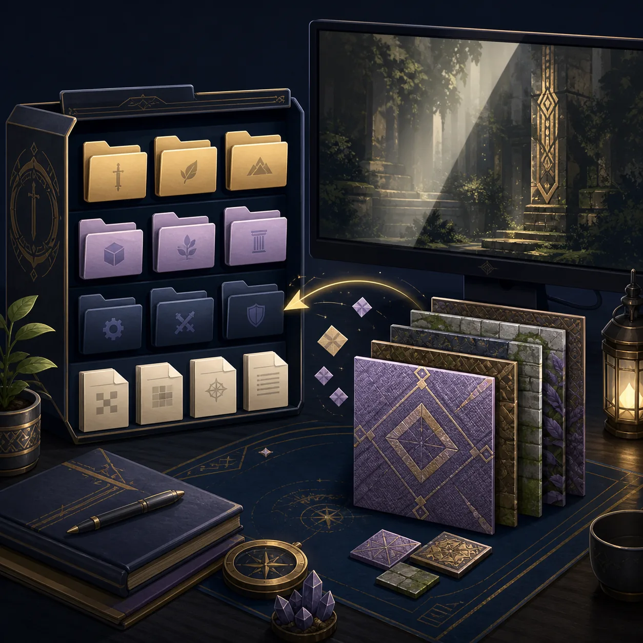 Editorial illustration of organized Dusklight texture pack files and a brighter game scene